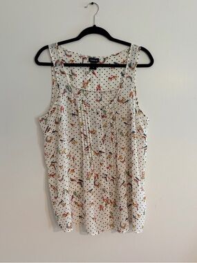Torrid White Polka Dot Tank with Colorful Bird Print and Open Back Sheer